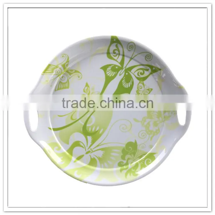 Cheap houseware daily use durable floral pattern melamine handled round serving tray for ottoman