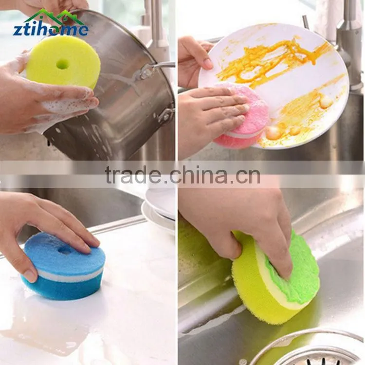 Kitchen Multicolor Double Sided Cleaner Dishwashing Round Sponge Pads with Suction Cup Pack