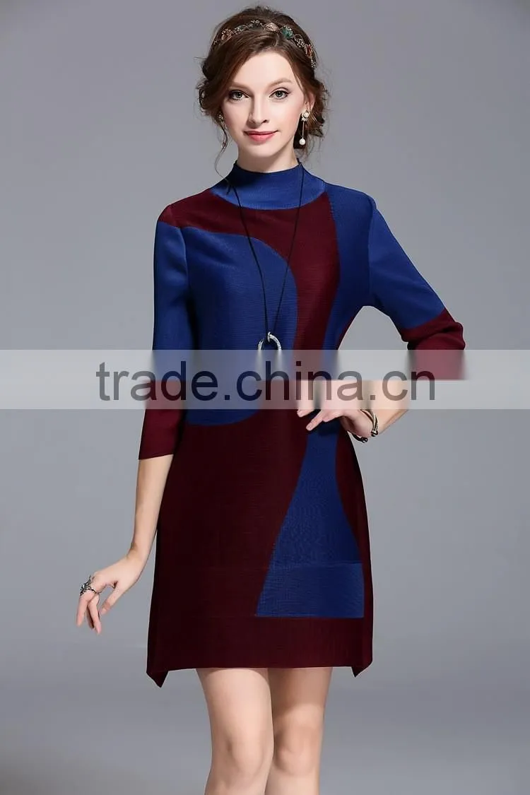 Women creased 3/4 sleeve printing high elastic dresses wholesale