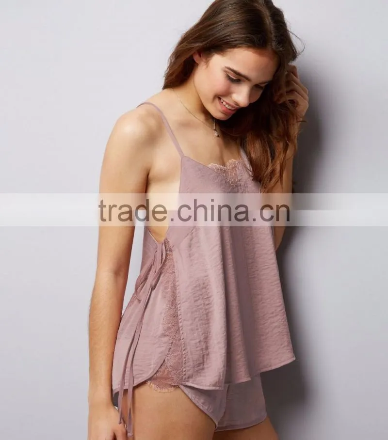 New Arrival Straps Nightwear Pink Sateen Eyelash Lace Pyjamas Set Vest and Shorts Casual Fit Sleepwear For Women
