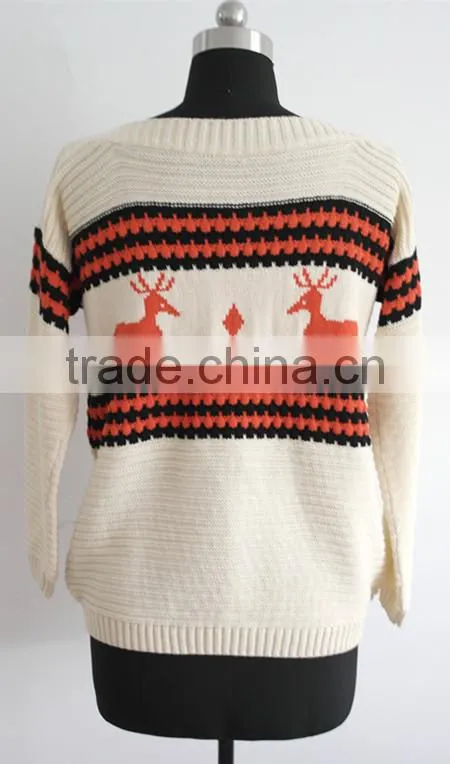 fashion girl crew neck chirtmas sweater with deer knitting pattern