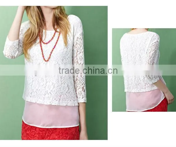 women's chiffon lace twin set blouse with long sleeves