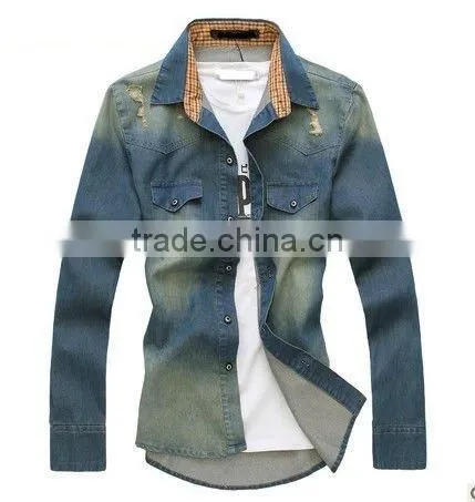 100% cotton dark blue washed long sleeve casual mens cowboy shirts with two pockets