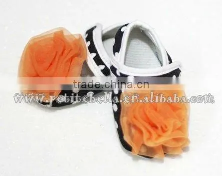 Baby Black White Polka Dots Crib Shoes with Orange Rose MAS42
