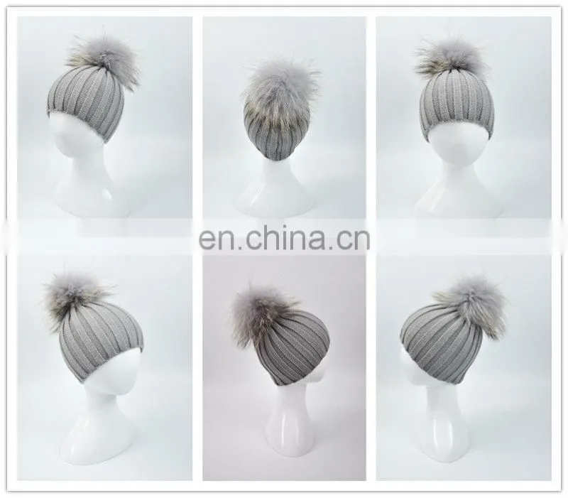 Wholesale New Fashion Hat with Raccoon Fur Ball Hand Knitted Baby Hat