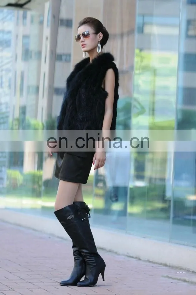 European style knitted rabbit fur vest with raccoon fur trimming for women