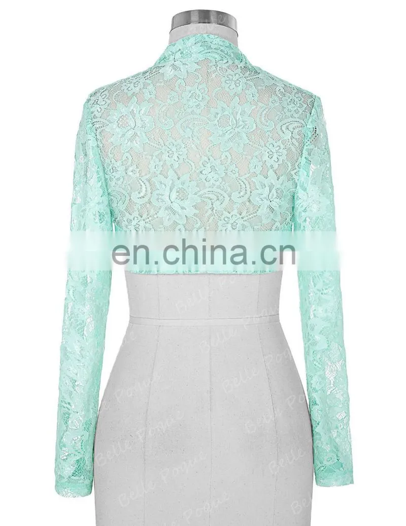 Stock Womens Ladies Long Sleeve Cropped Pale Turquoise Lace Shrug Bolero BP000049-3