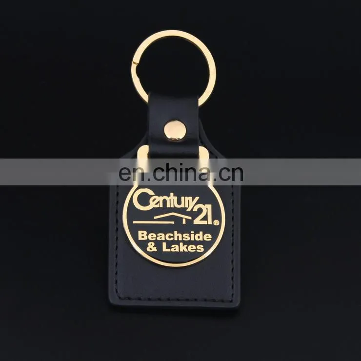 custom logo gold metal keychain black leather keychain