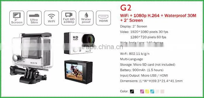 G2 2016 hot selling waterproof action cameras with wifi Professional Sports Camera