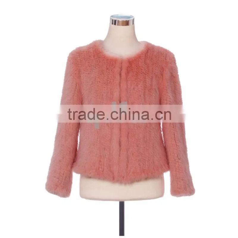 QD30499 Women Knitted Real Mink Fur Jacket with Solid Pink Color
