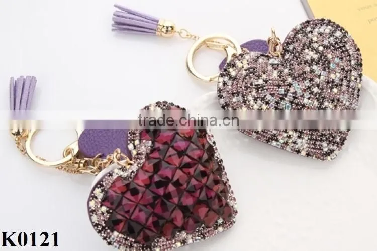 Metal key chain ring full rhinestone heart crystal leather keychain keyring for wholesale K0120