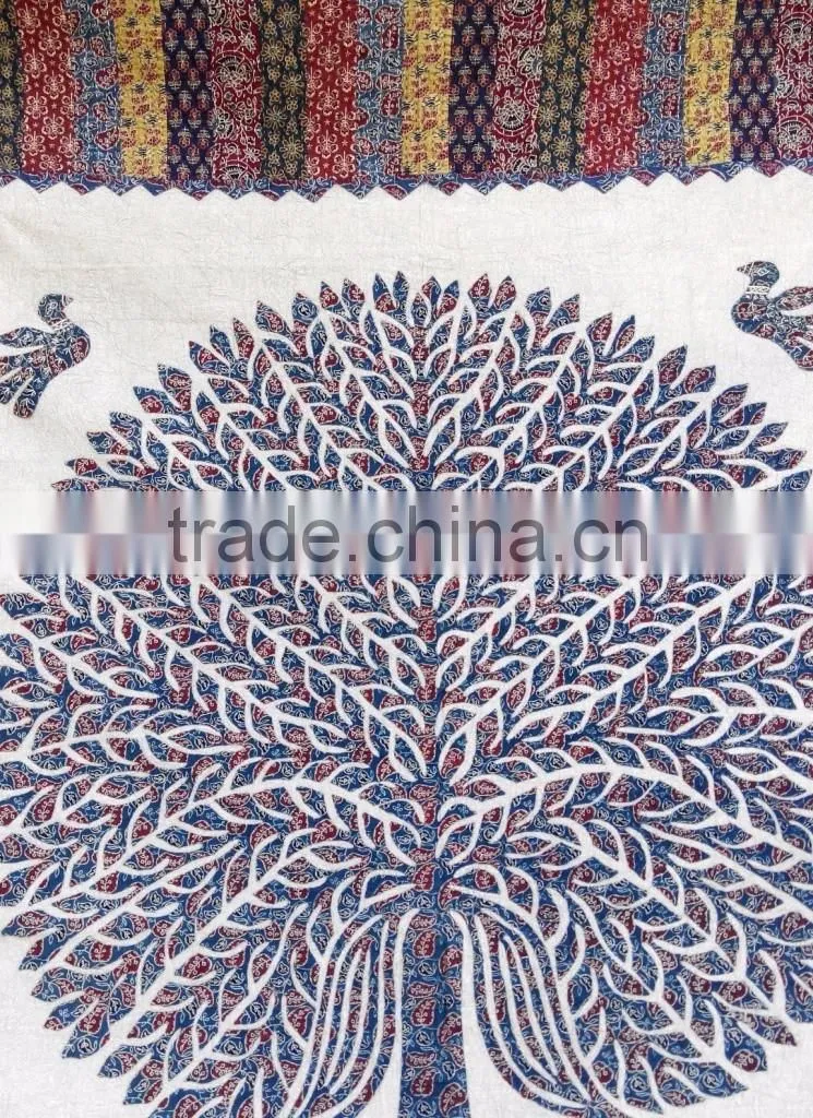 Beautiful jaipuri hand block printed hand embroidered bed cover with kantha work