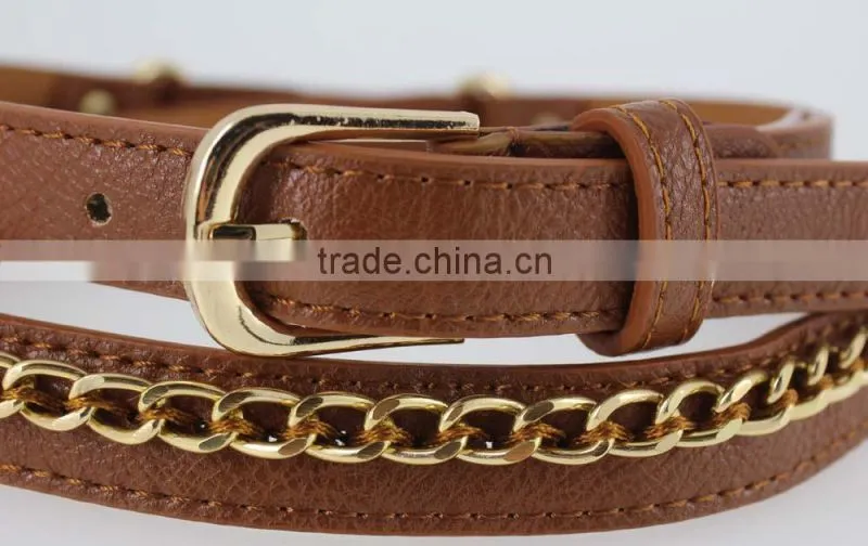 Hot sale Women's Fashion Belt with high quality gold PU leather& Gold Metal Chian for jeans