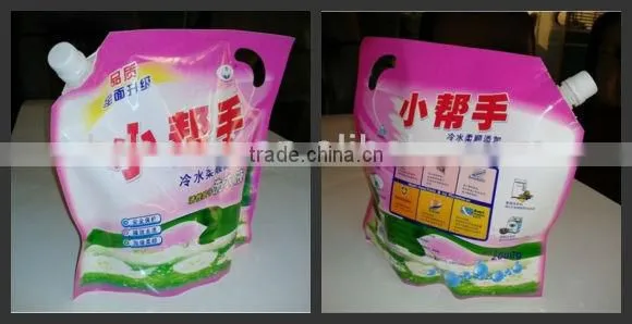 Stand up plastic bag with spout for laundry detergent