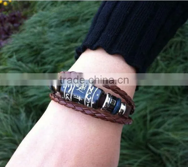 China style genuine plain leather bracelets with big cow bone bead