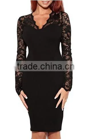 Women's Elegant Floral Lace Long Sleeves Bridesmaid Midi Dress