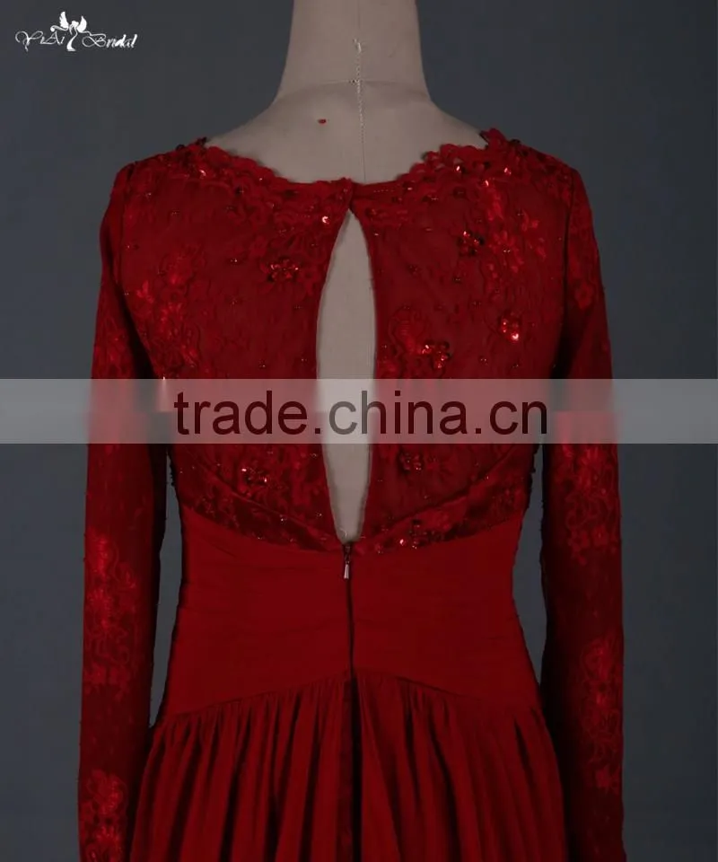 RSE665 Sexu Back Open Keyhole Long Sleeves Wine Red Arabic Patterns Of Lace Evening Dress