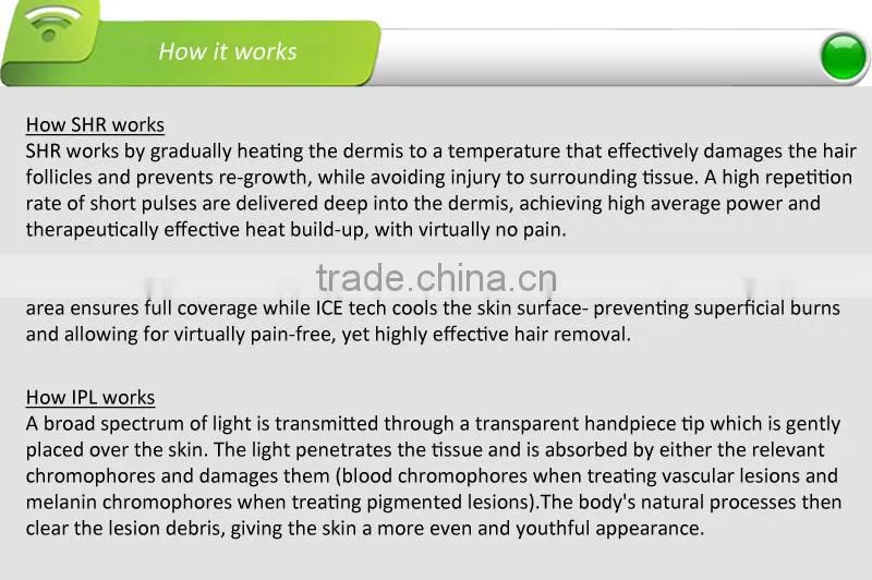IPL SHR machine, ergonomic&streamlined handpiece,irtegrating SHR and IPL operation interface