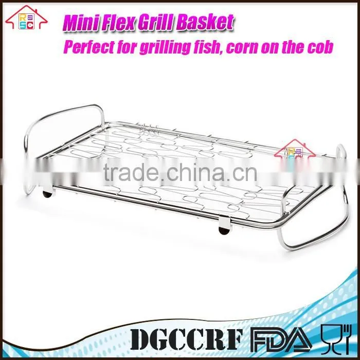 Stainless Steel BBQ Rack Mini Flexible fish Grill Basket with Wire Mesh Food Holder handle