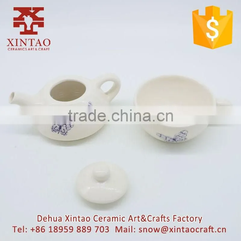 Glazed Full Hand Painted White with blue butterfly Ceramic Teapot
