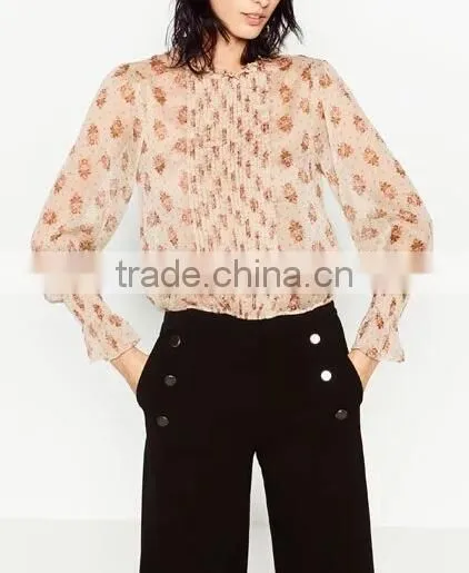 Runwaylover EY2344B Hot Sale 2017 Women Fashion Sleeve Fold Printed Chiffon Blouse