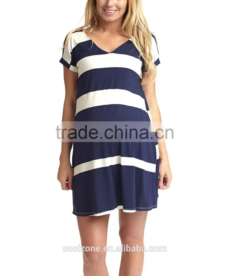 Blue white stripe print maternity dresses wear for pregnant 2015