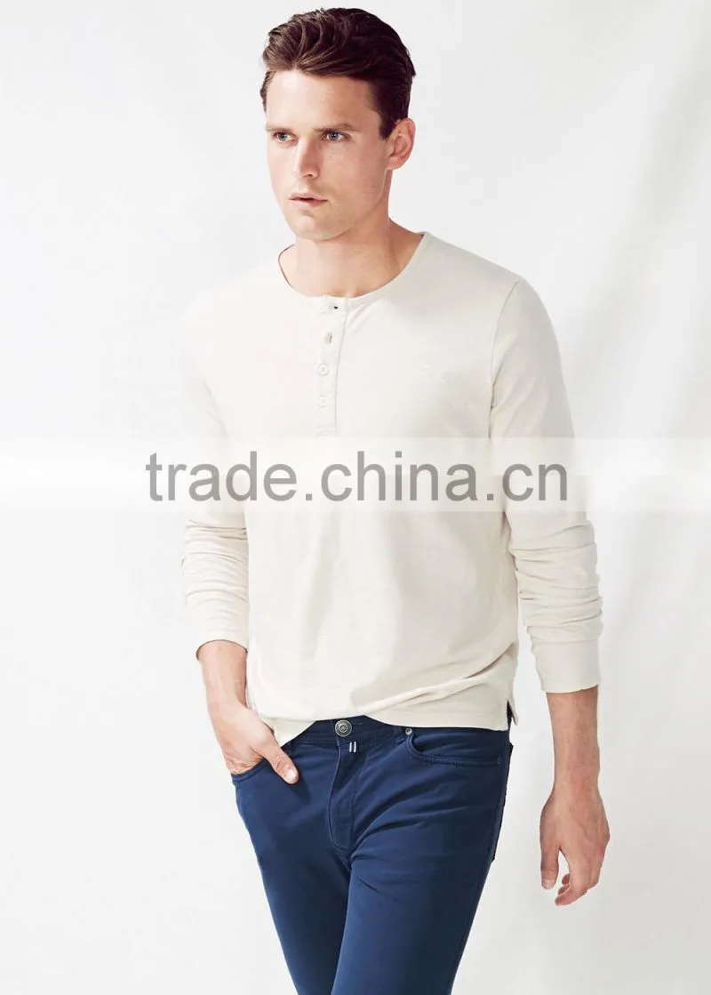 Men long sleeves slub cotton Henley t-shirts with side slit hem