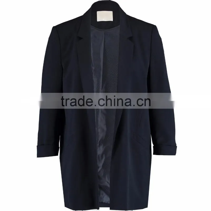 Machine Washable Fashion Navy Open Long Blazer for Women