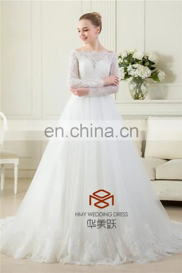 OEM Supply Muslim Long Sleeve Real Pictures Wedding Gown HMY-RP001 New Arrivals White Lace Appliques A Line 2015 Wedding Dress