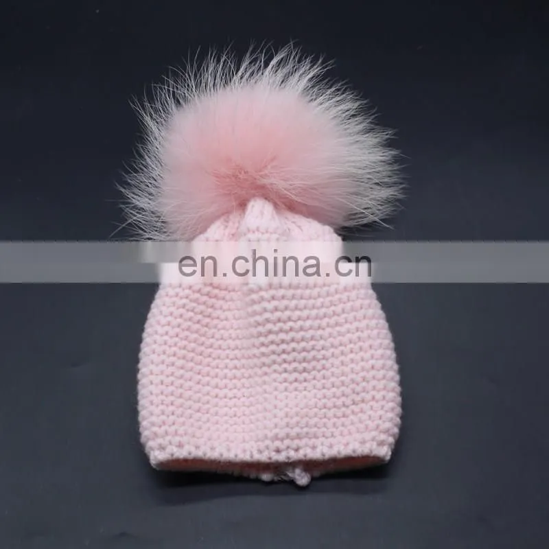 Fashion Kids Winter Knitted Raccoon Fur Pompom 100% Acrylic Knitted Beanie Hat