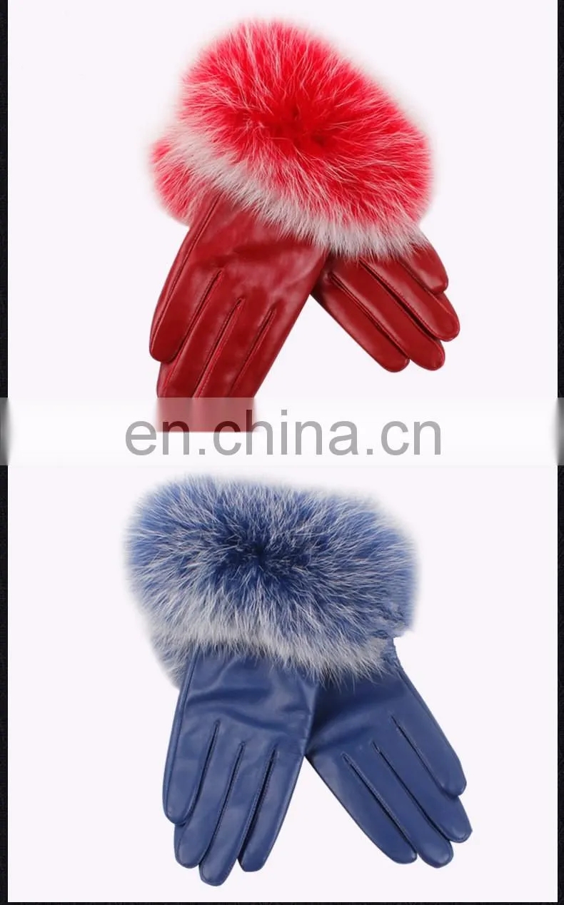 Warm Real Leather Glove With Big Genuine Fox Fur Beautiful Glove