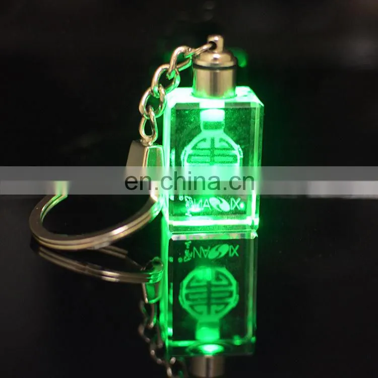Custom lucky laser engraving glass bottle photo crystal led light keychain with charms