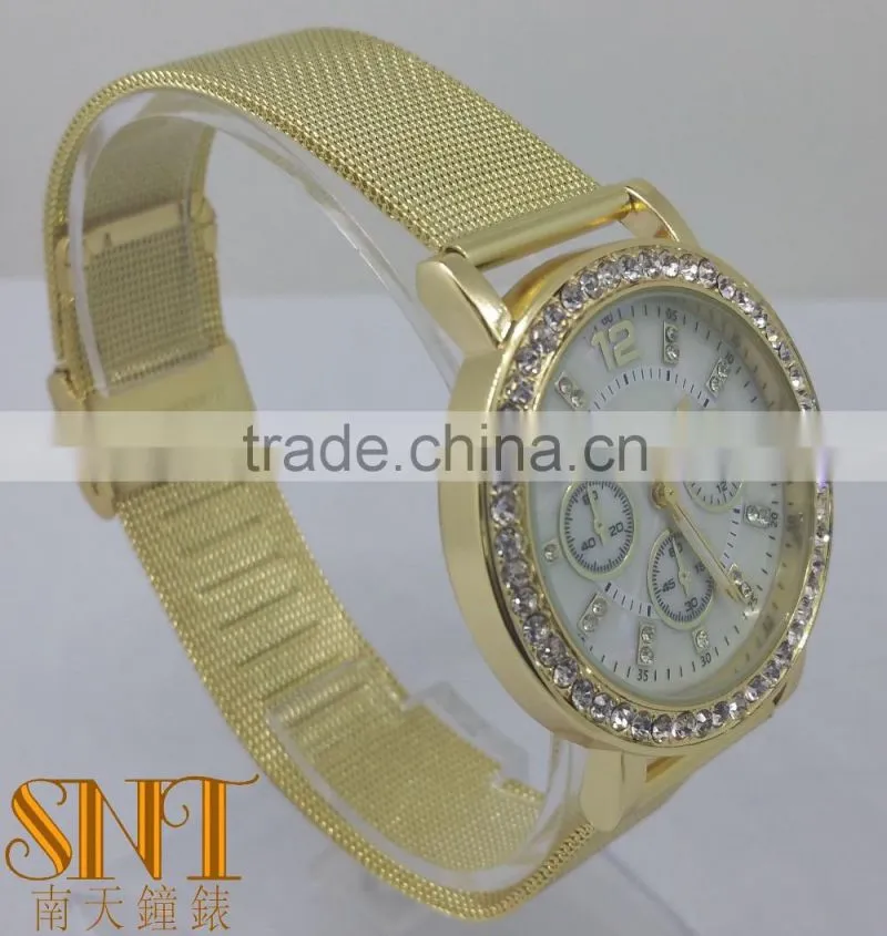 SNT-0027 fashion gold alloy watch with crystal stones and reticulate hand, high quality quartz watch