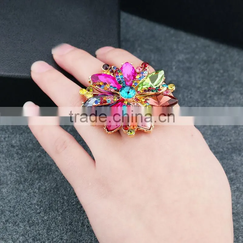 Multi crystal gold ring with big flower woman finger ring