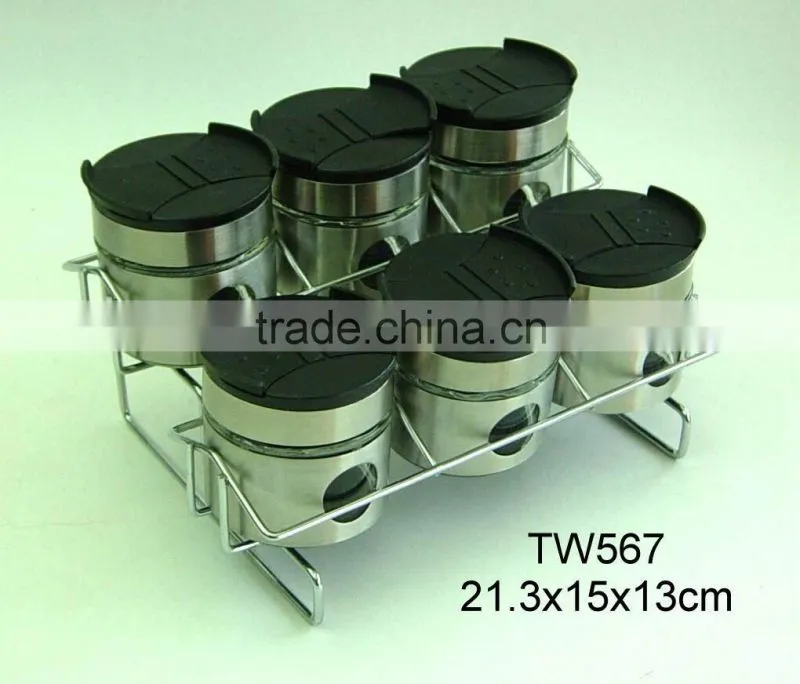 TW567T 6pcs glass spice jar set with metal casing and rack