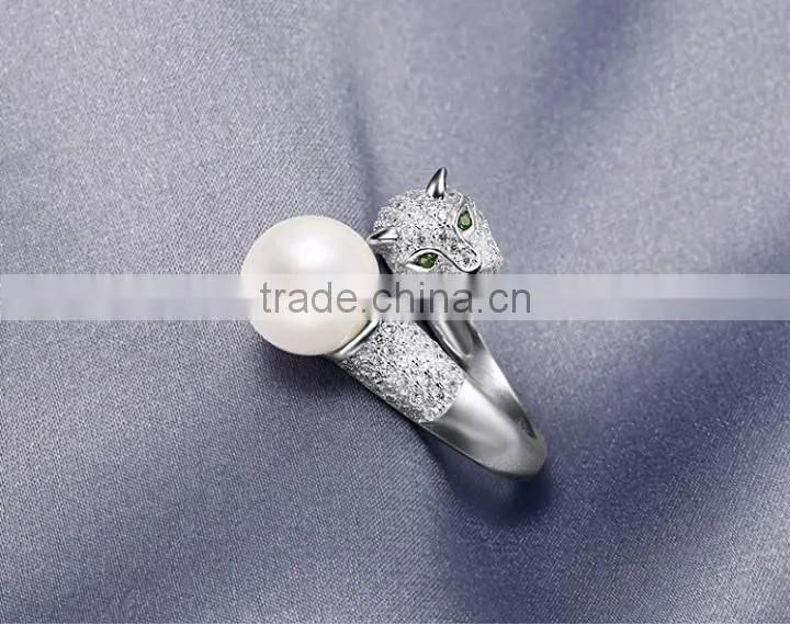 925 sterling silver adjustable leopard head ring with pearl