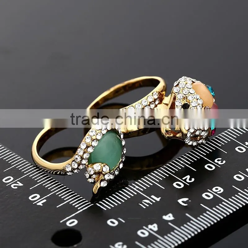 2016 alloy gemstone gold snake double ring
