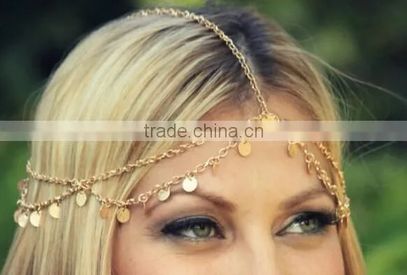 2016 Hot Fashion BOHO Style Gold Small Coins Hair Jewelry Wedding Head Chain