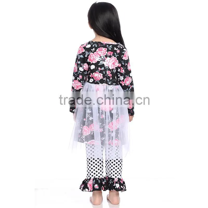 2016 cotton floral print chiffon dress and frill pant wholesale children clothes