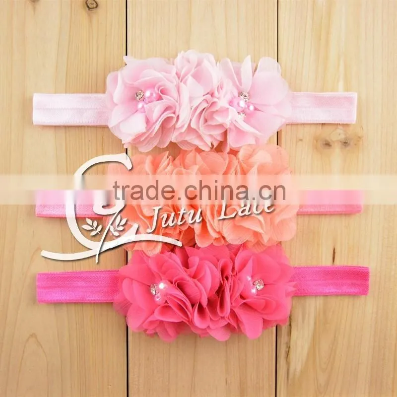 Elastic pearls headband with mini rhinestone petals flower and elastic ribbon, mini crystal flower hair accessories