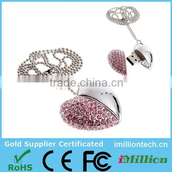 Beautiful Jewellery Gem Heart Shape USB flash drive with Keychain for wedding design Gift
