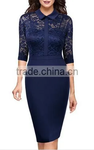 Women's Vintage Polo Neck Floral Lace Half Sleeve Casual Slim Dress