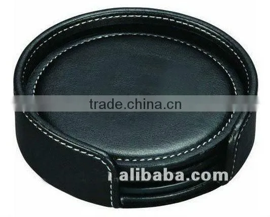 promotional black debossed round pu leather coaster