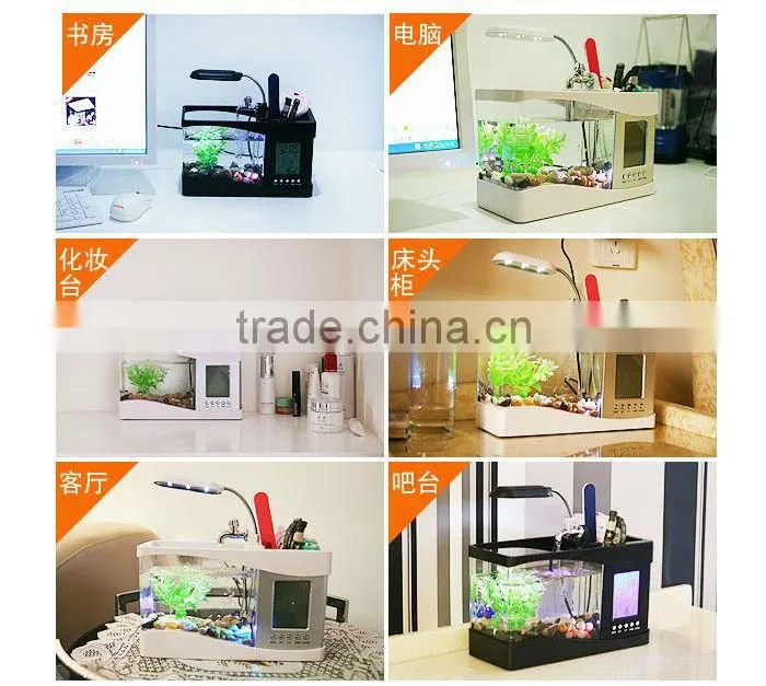 Mini Aquarium Fish Tank Penholder With Desktop LED Clock
