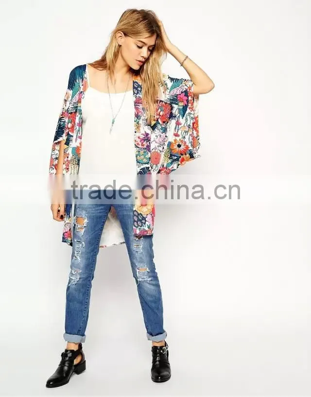 Wholesale Latest Fashion Women Floral Kimono Cardigan Chiffon Blouse Loose Quimono Flower Print Casual Cardigans