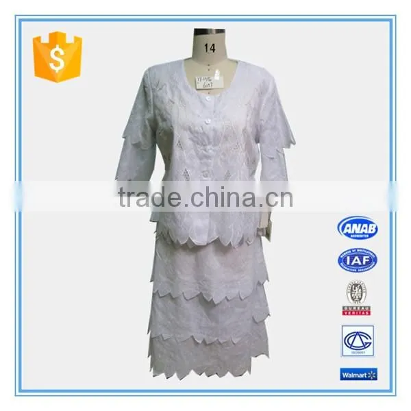 New design round neck church handwork embroidery ladies suit design