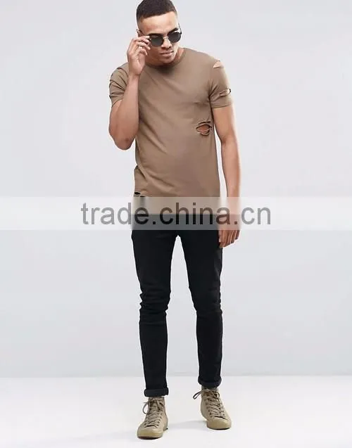 Men longline brown distressing blank slim fitted muscle t-shirt custom china manufacturers