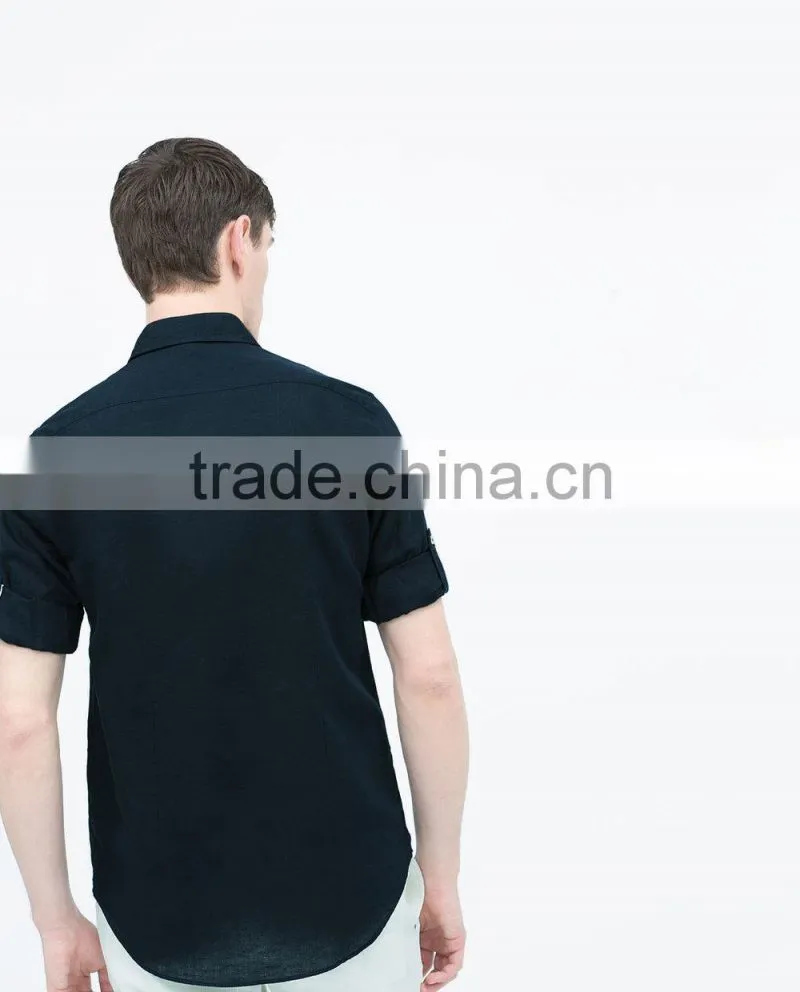2015 linen cotton classic collar solid color contrast ribbon breathable fabric latest design for holiday