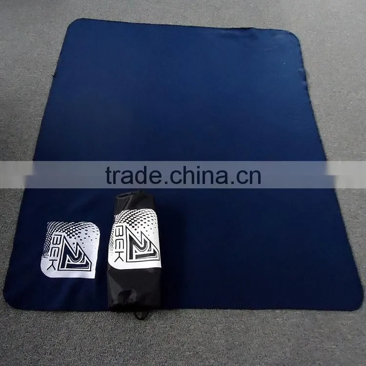 Polar fleece rolled tied with elastic cord with waterproof cover travel blanket with pouch