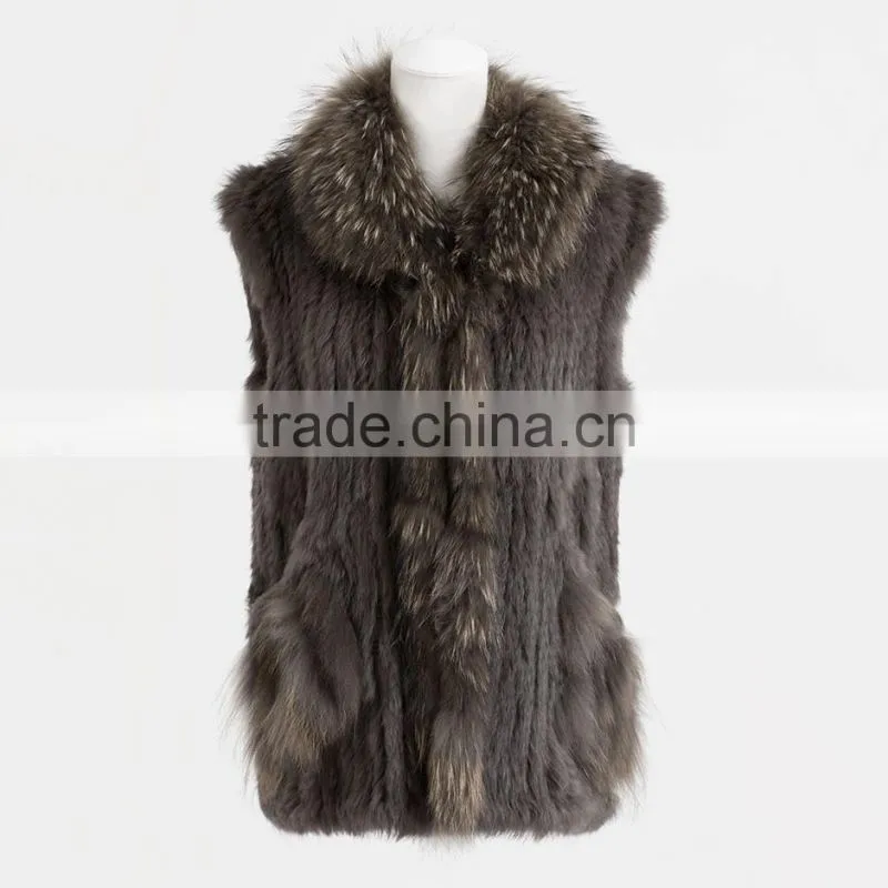 YR644 Women Genuine Rabbit Hand knit with Raccoon Fur Waistcoat Yanran Fur Factory OEM Order Fur Gilet